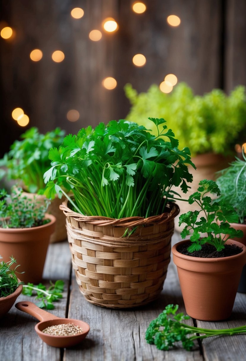 A rustic basket pot holds chervil among 30 other herbs in containers