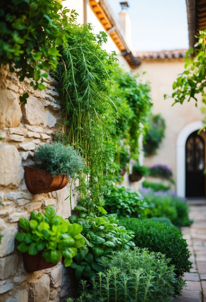 Lush herb garden covering stone walls in a sunny courtyard