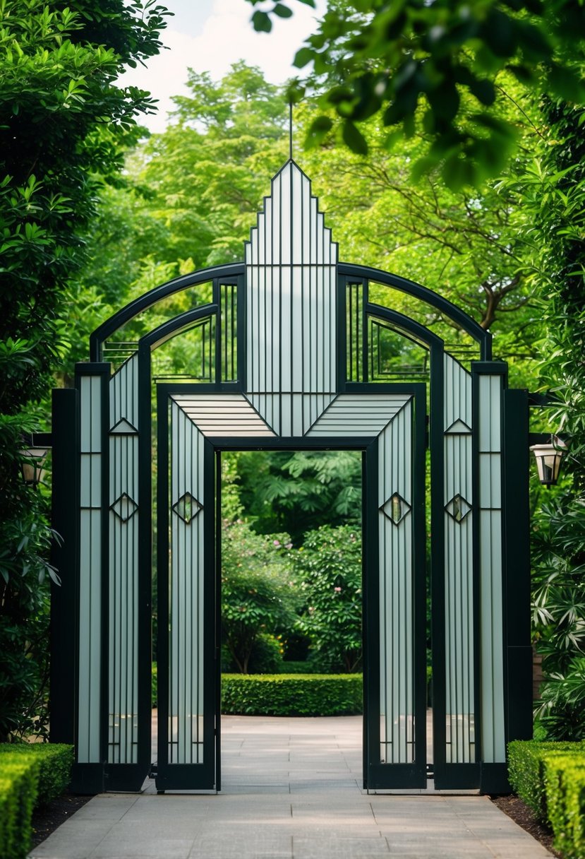 A grand Art Deco gate stands amidst lush garden greenery, with geometric patterns and sleek lines, creating a striking entrance