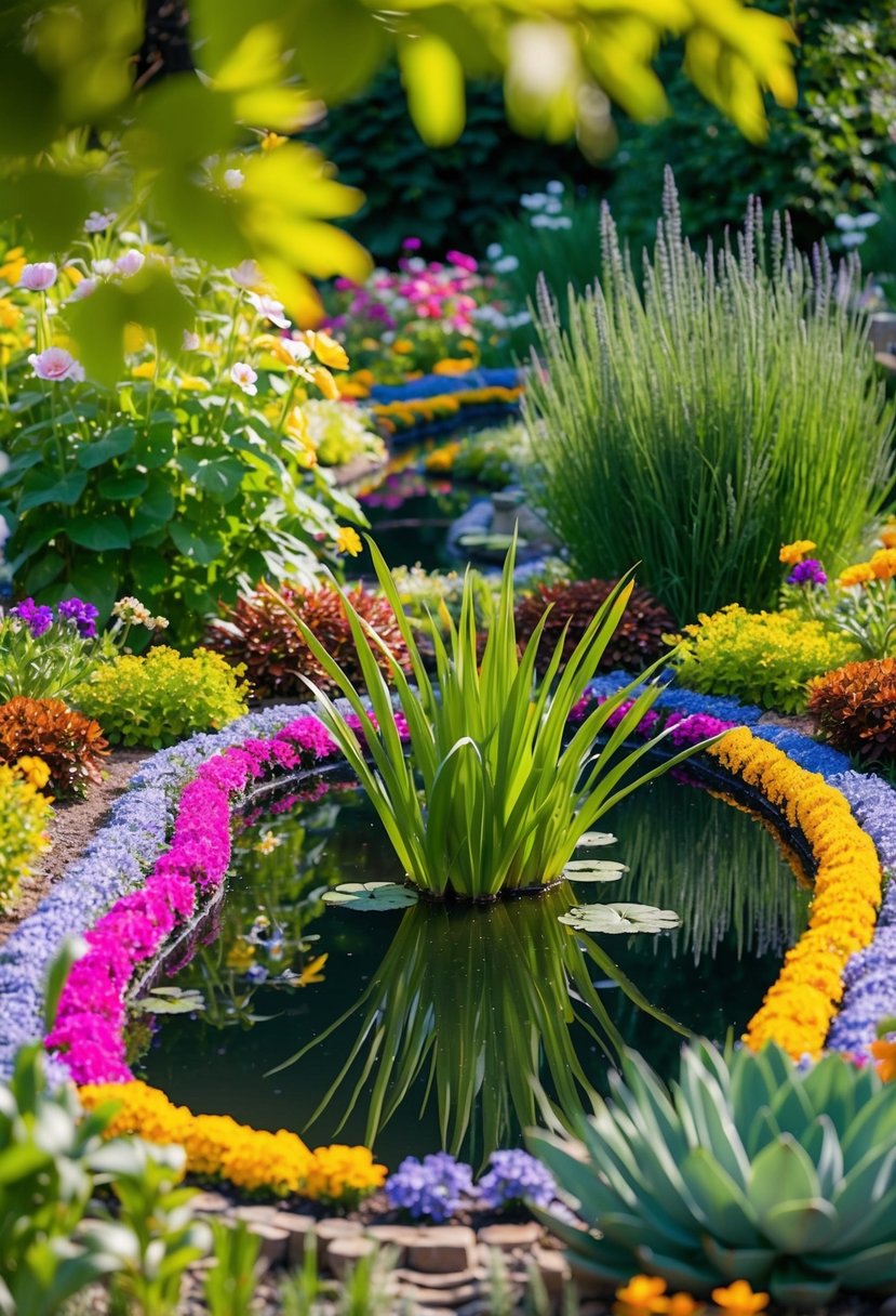 A garden pond surrounded by colorful flower borders, with a variety of plants and flowers creating a serene and beautiful landscape