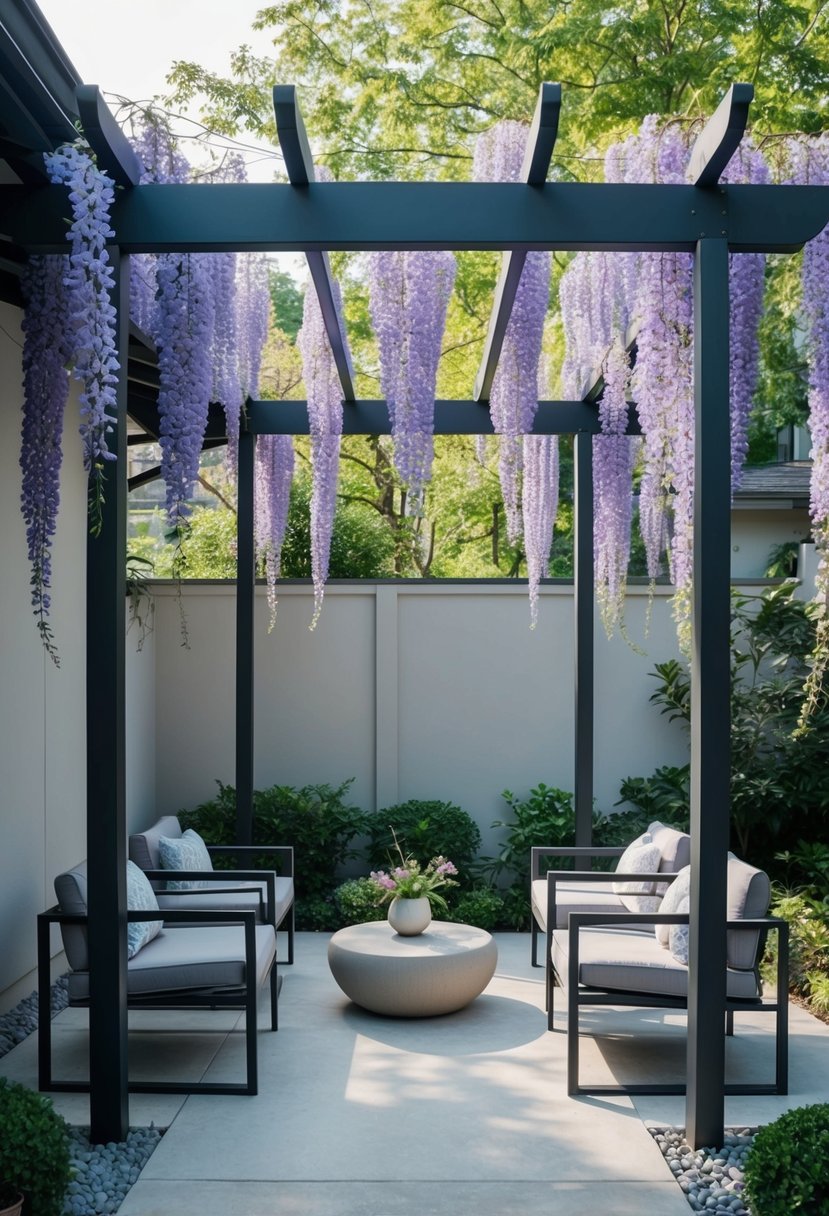 A serene Japandi patio with a Japanese wisteria trellis, minimalist furniture, and natural elements