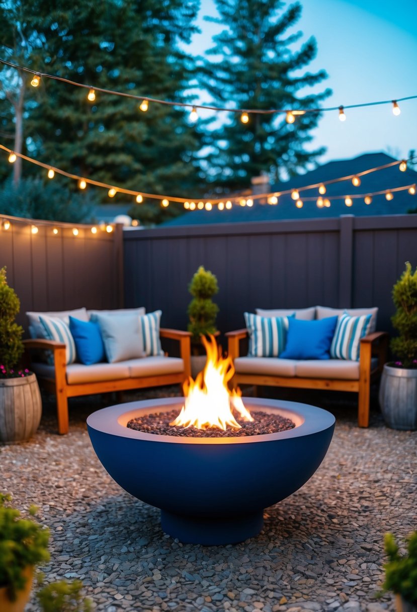 A cozy backyard with a Blue Rhino Outdoor Firebowl as the focal point, surrounded by small fire pit ideas like seating, lighting, and landscaping