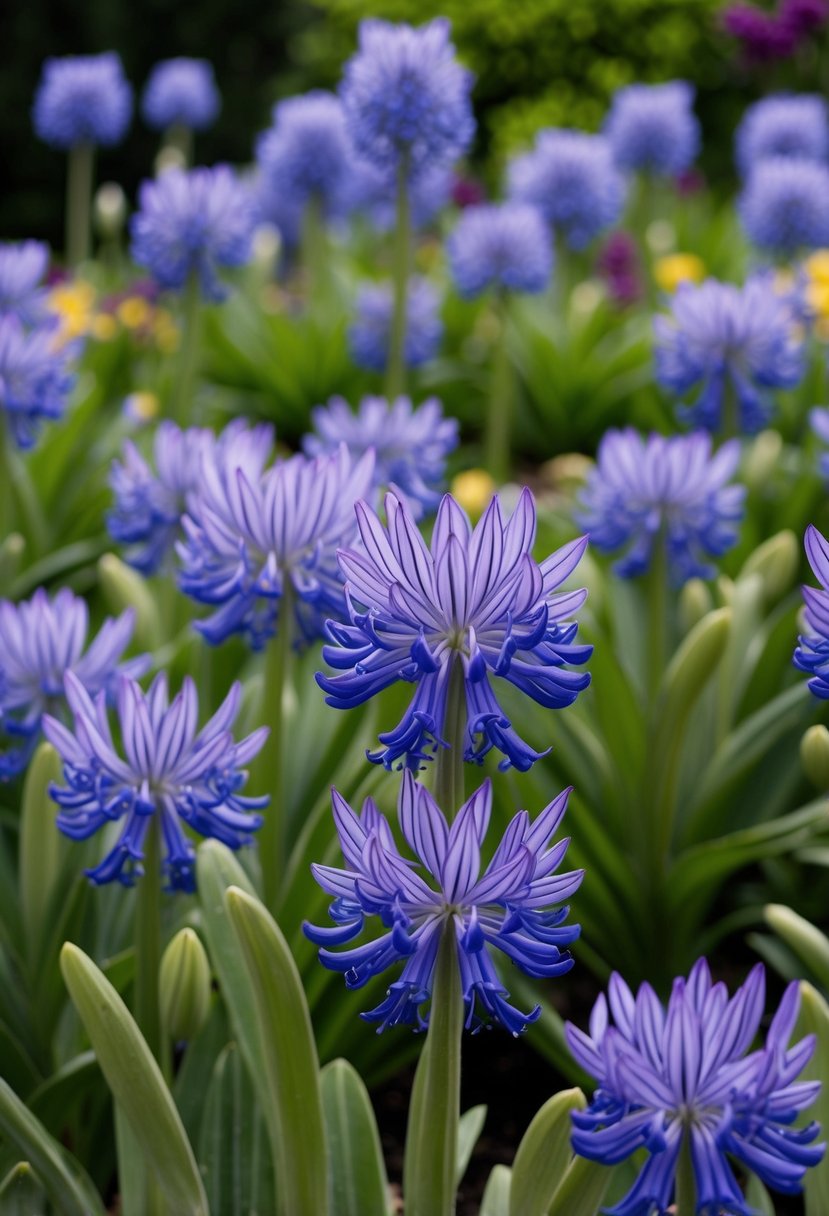 A lush garden with a variety of Agapanthus 'Glen Avon' in full bloom, creating a vibrant display of blue and purple hues
