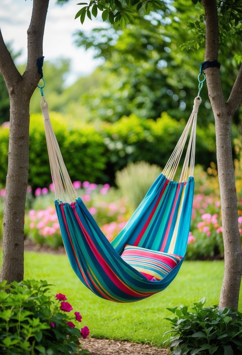 A colorful handwoven cotton hammock suspended between two trees in a lush garden setting, surrounded by flowers and greenery