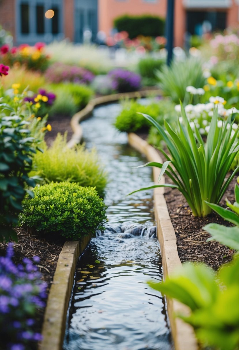 A small urban garden with a stream-like water feature winding through 27 gardens