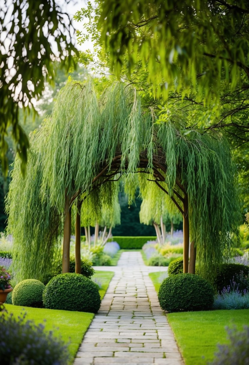 A tranquil willow arbor nestled in a lush garden with 27 arbors