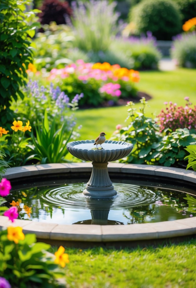 A serene birdbath pond surrounded by lush greenery and colorful flowers in a well-maintained garden