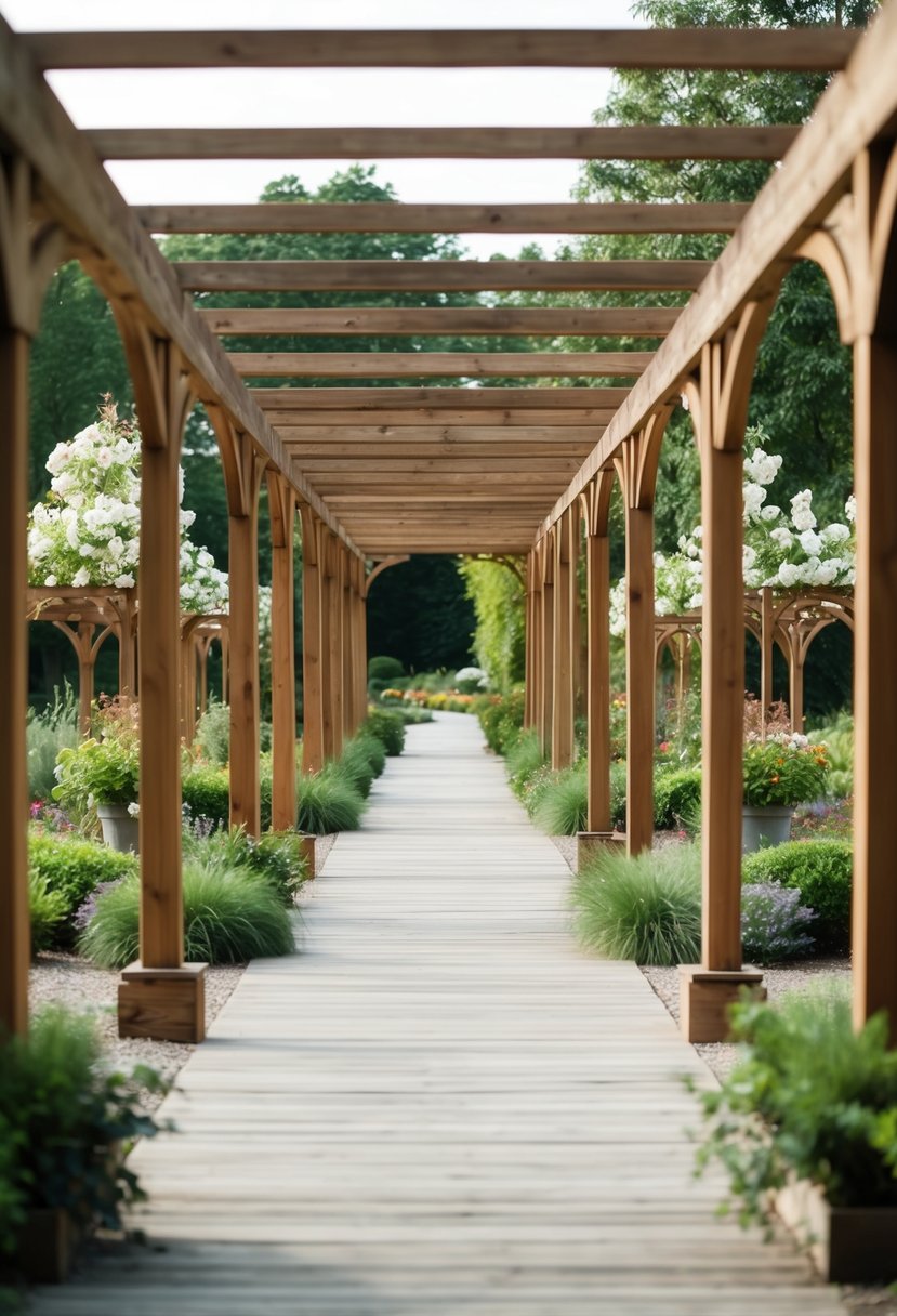 A charming cedar passageway winds through 27 gardens with arbors, creating a tranquil and picturesque scene