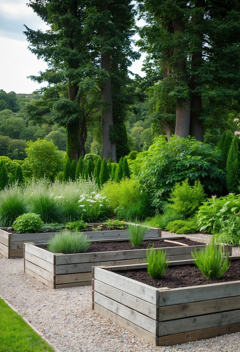A tranquil garden with raised beds made of wooden sleepers, surrounded by lush greenery and bordered by towering highland trees