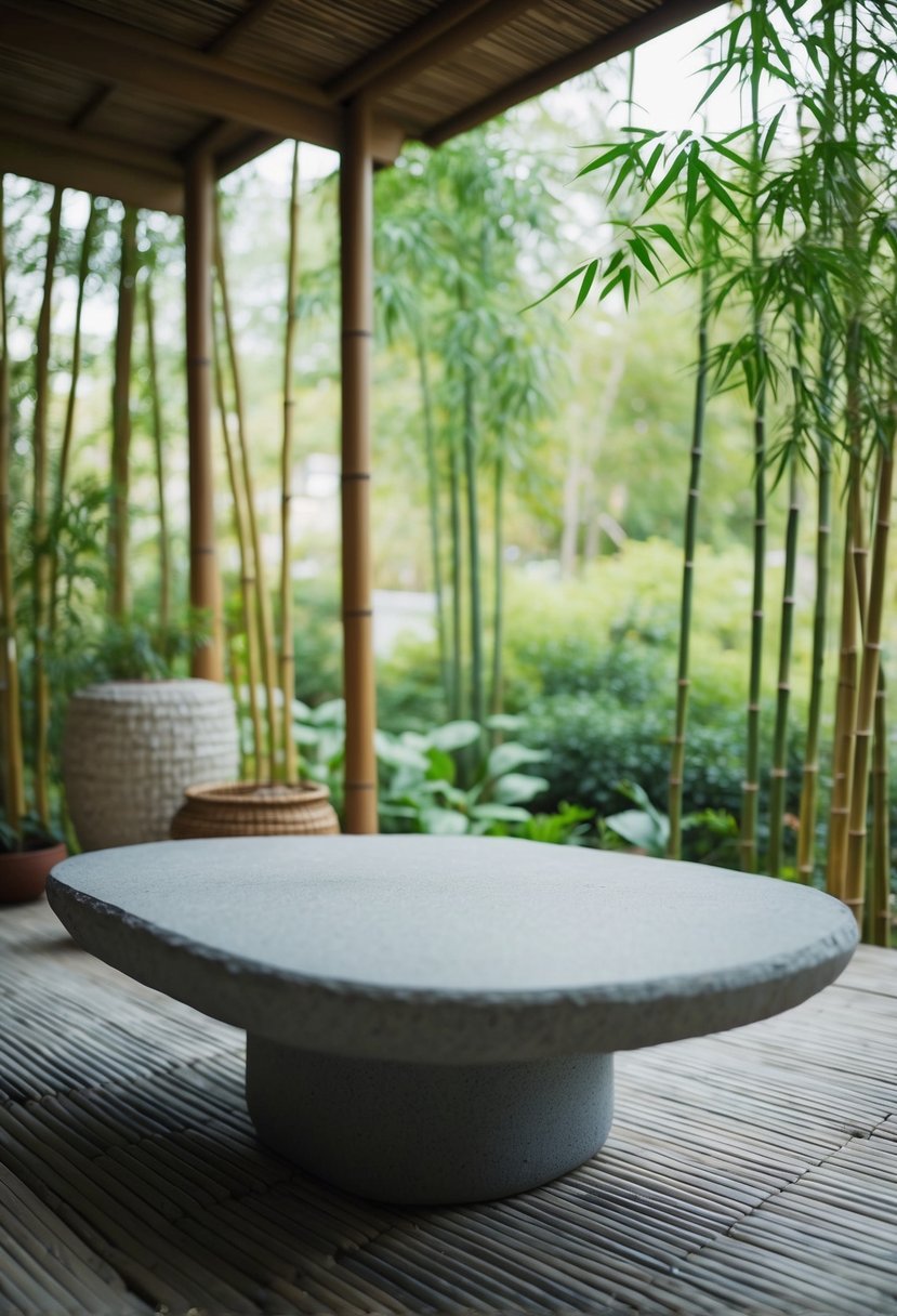 A minimalist stone table set on a serene Japandi patio, surrounded by bamboo and simple, natural decor