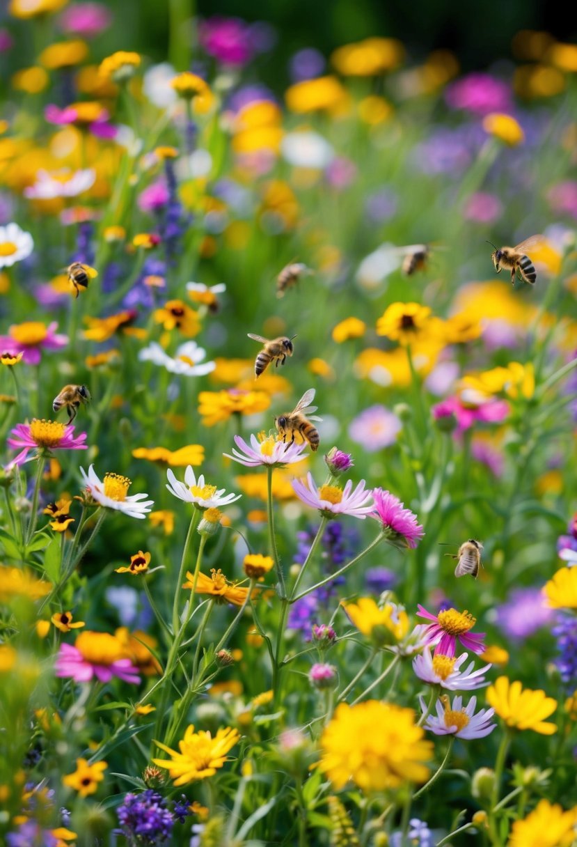 A vibrant meadow of wild flowers fills the garden, bursting with color and life. Bees buzz and butterflies flit among the blossoms, creating a lively and enchanting scene