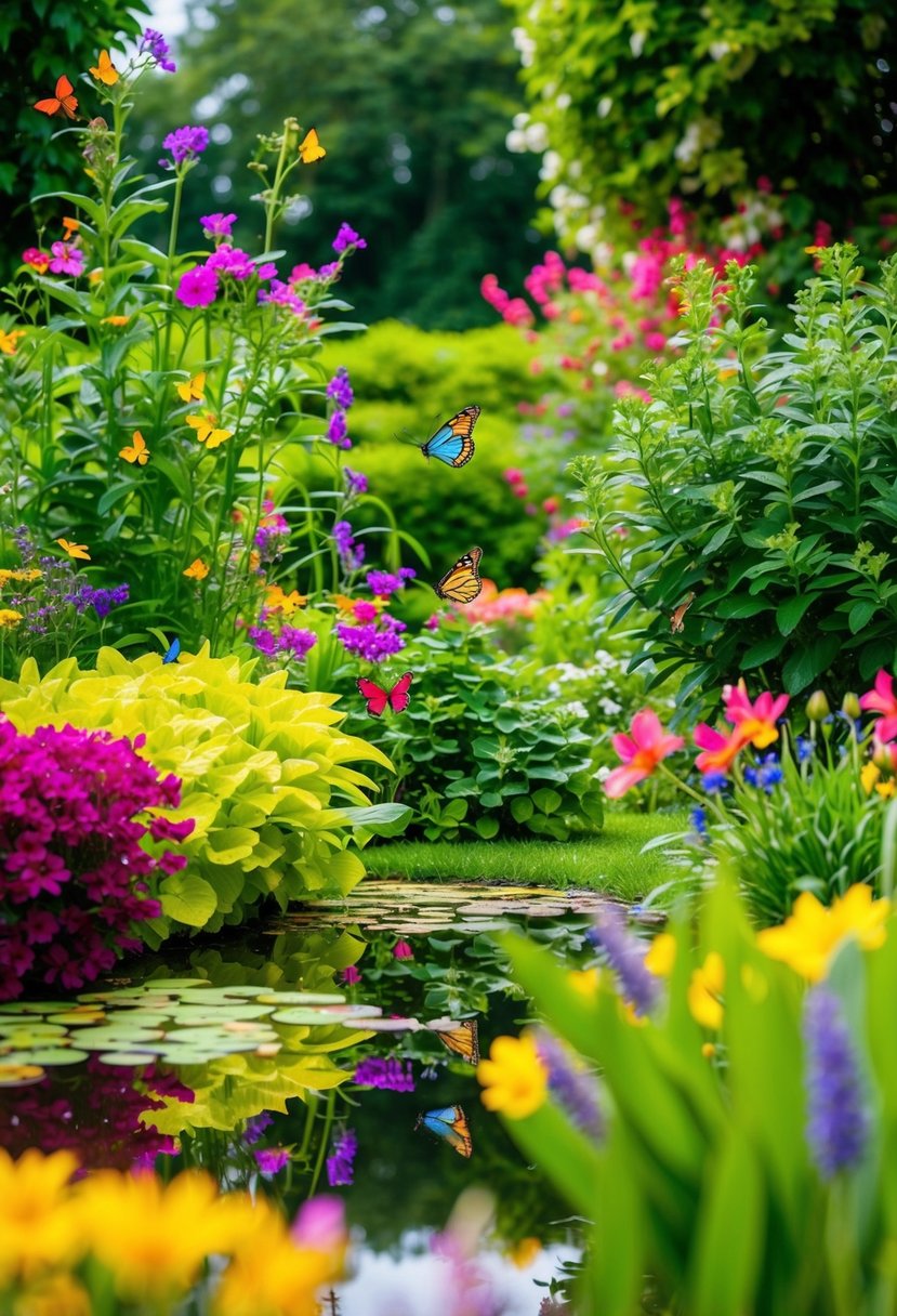 A lush garden with a serene pond surrounded by colorful butterflies and vibrant flowers