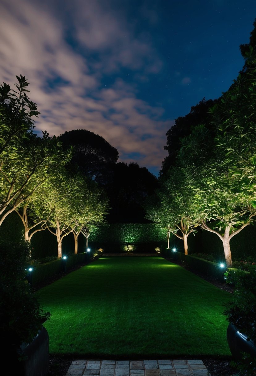 A garden at night with accent spotlights illuminating trees