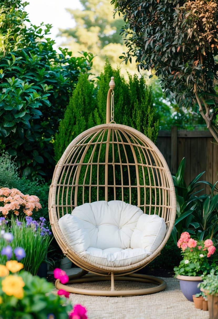 A cozy outdoor papasan chair surrounded by lush greenery and colorful flowers, creating a peaceful and inviting garden seating area