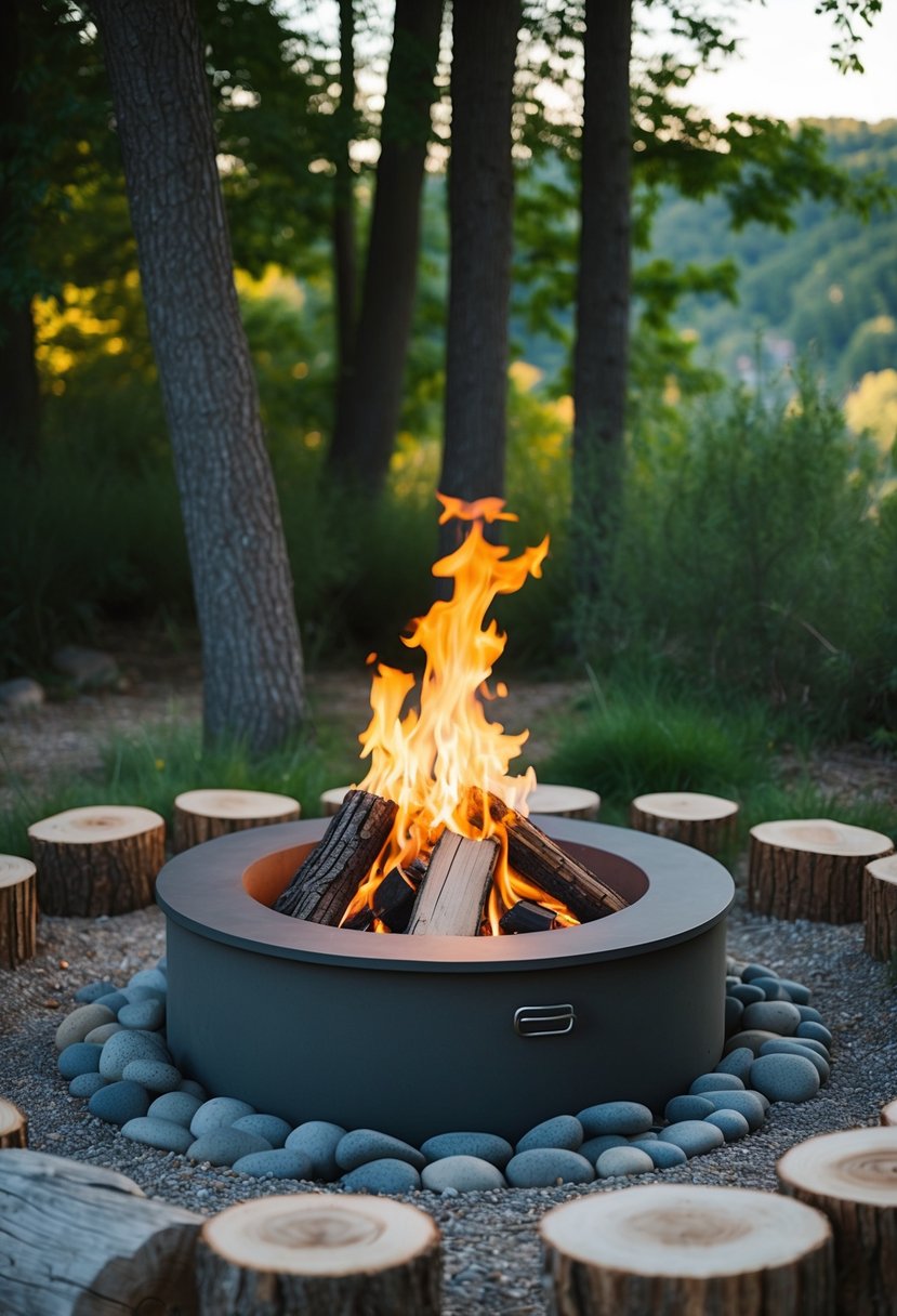 A sunken fire pit surrounded by stones and logs, nestled in a natural outdoor setting with trees and greenery
