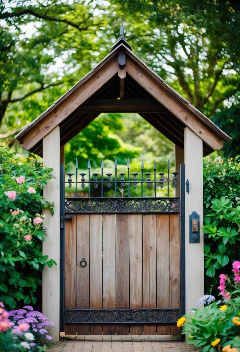 A rustic wooden gate with a peaked roof and decorative ironwork, surrounded by a lush garden of flowers and greenery