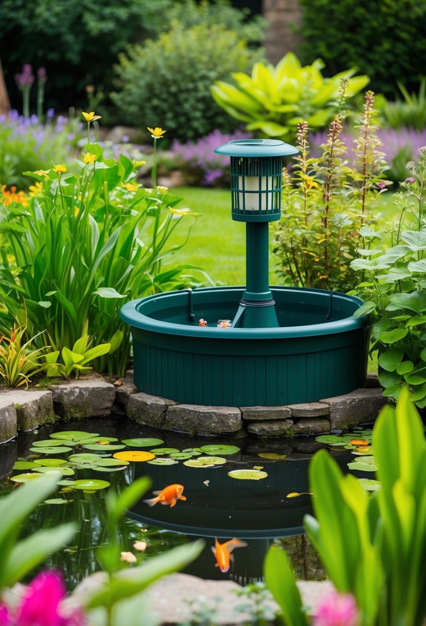 A tranquil garden pond with a fish feeding station surrounded by lush greenery and colorful aquatic plants