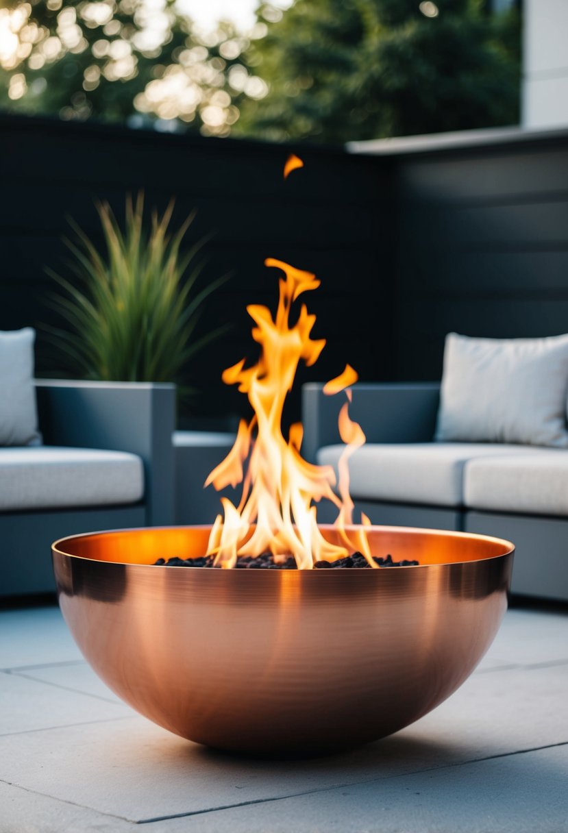 A modern copper fire bowl sits in a sleek outdoor setting, surrounded by contemporary furniture and landscaping