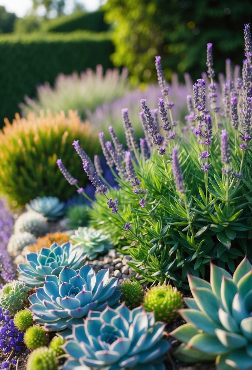 A lush garden filled with blooming lavender and various succulents, creating a beautiful and fragrant display of natural colors and textures