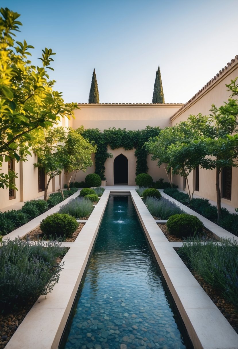 A tranquil Middle-Eastern courtyard garden with low-floral streams flowing through 27 gardens