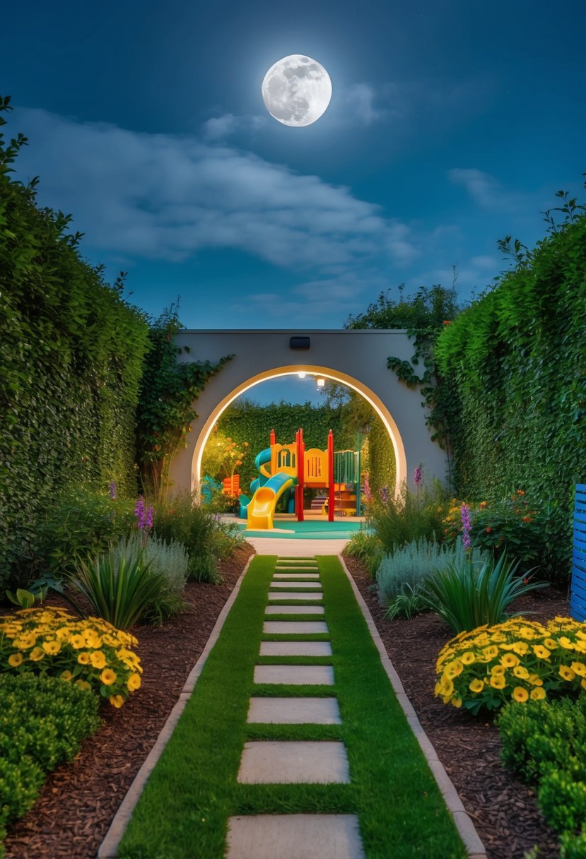 A moonlit tunnel leads to a vibrant garden with a playful kids' area, surrounded by lush greenery and colorful flowers