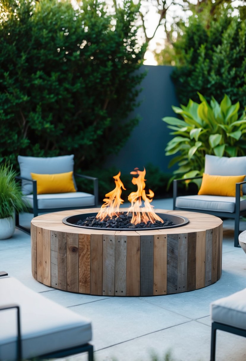 A circular fire pit made of reclaimed wood sits in a modern outdoor setting, surrounded by contemporary furniture and lush greenery