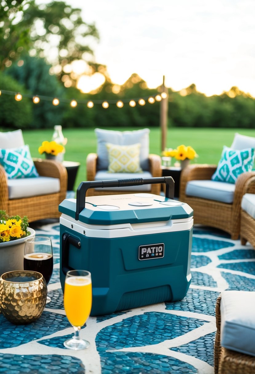 A heavy-duty cooler sits among 23 patio bar ideas, surrounded by outdoor furniture and decor