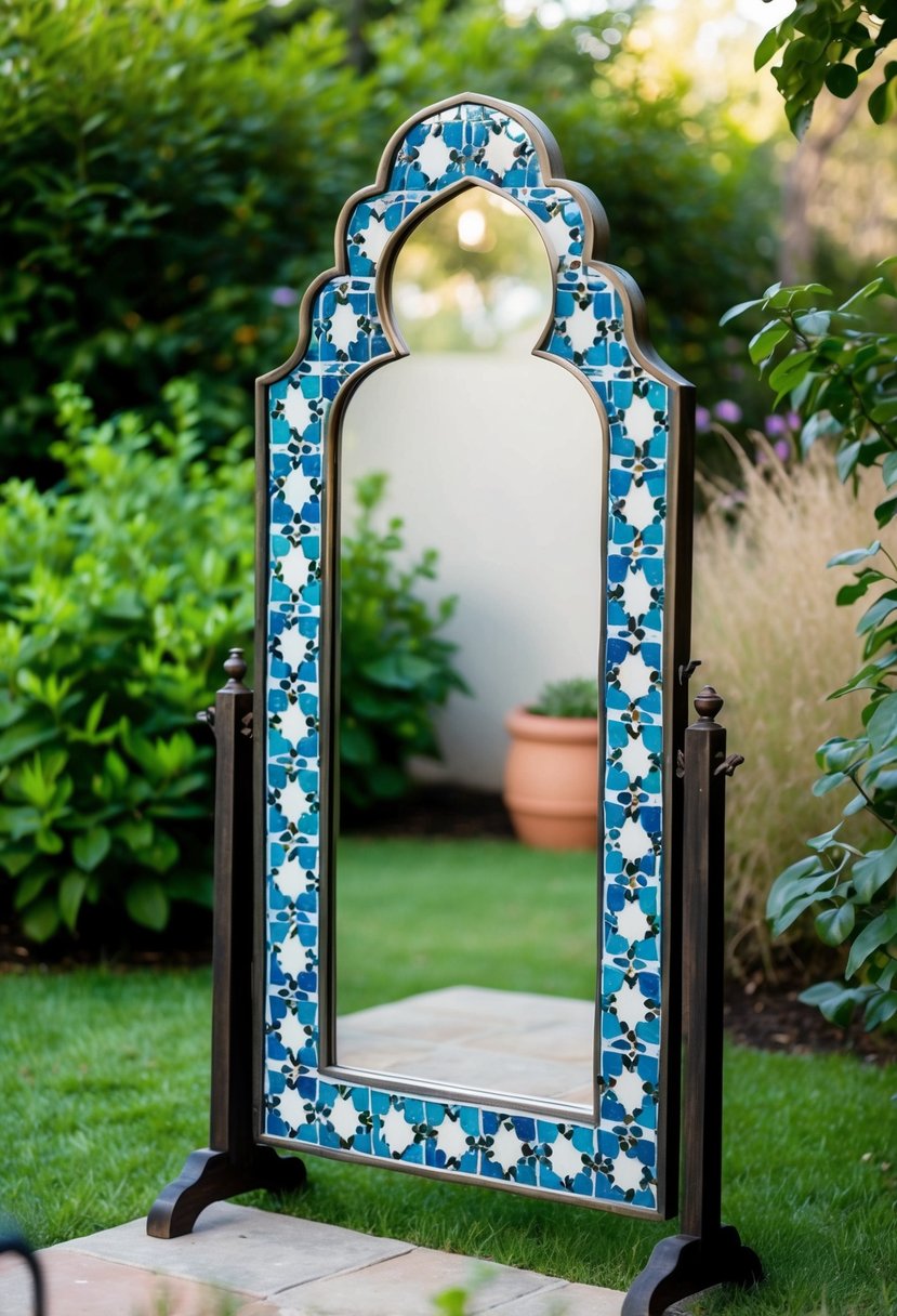 A garden mirror with a Moroccan tile design, reflecting the surrounding greenery and adding a touch of exotic elegance to the outdoor space