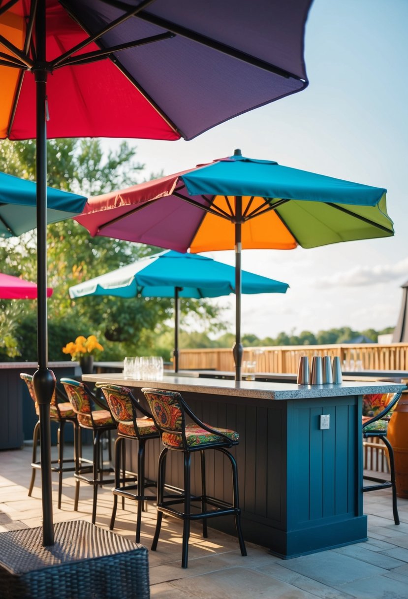 A colorful patio umbrella providing shade for a bar area with 23 unique design ideas