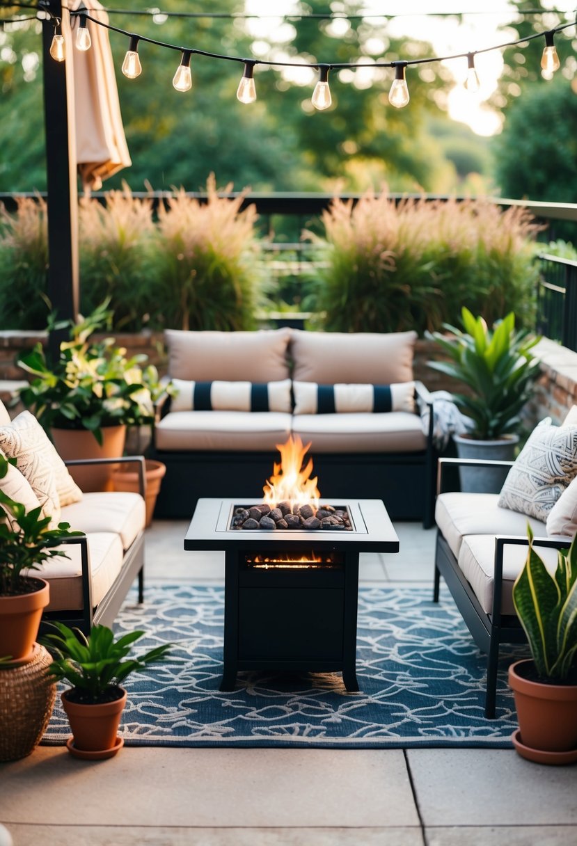 A cozy outdoor patio with a tabletop fireplace surrounded by potted plants and comfortable seating, creating a warm and inviting atmosphere