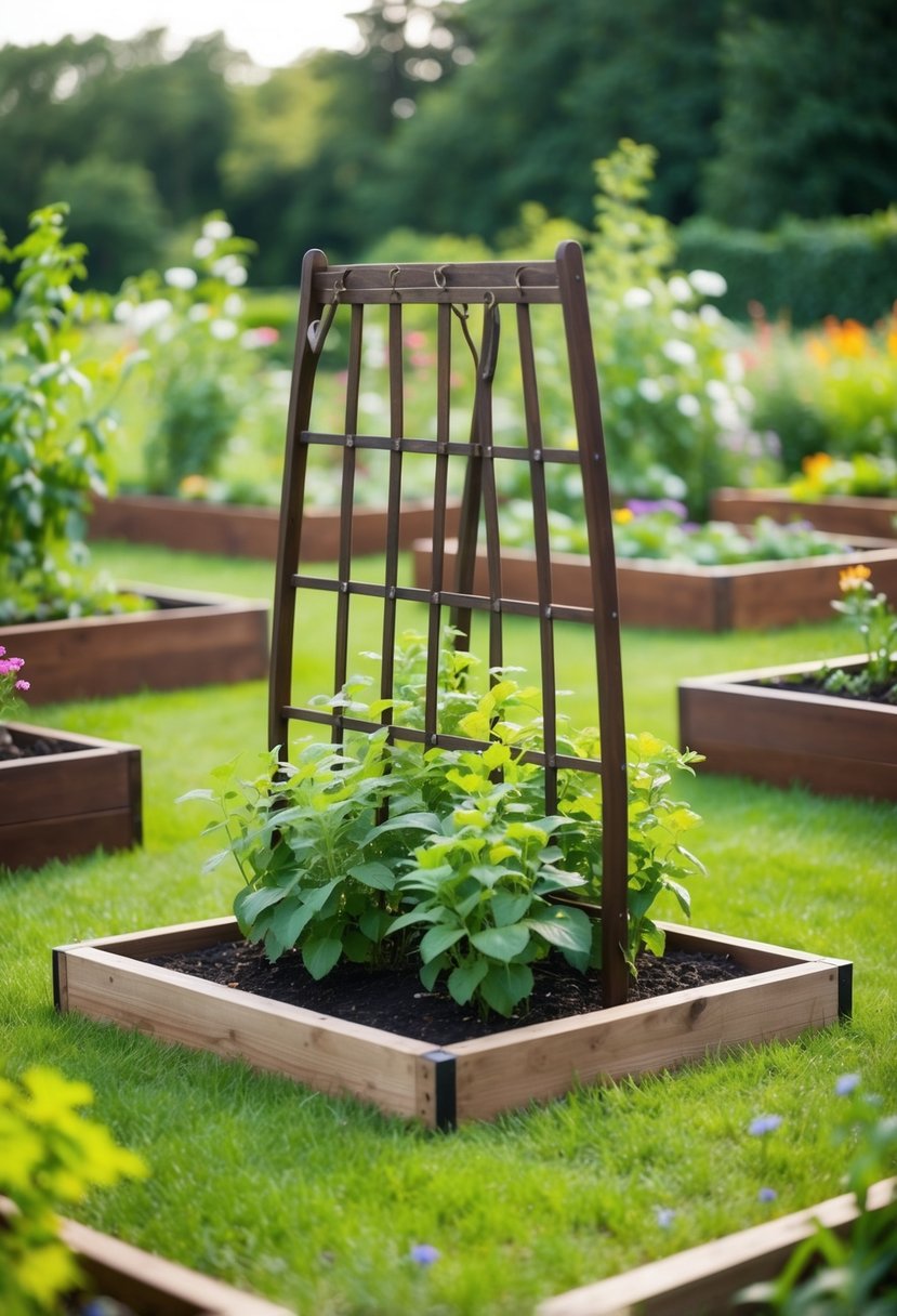A lush garden bed with a trellis, surrounded by 35 raised beds