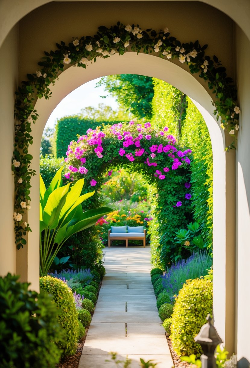 A lush garden nook with a flower-covered archway leading to a serene and colorful sanctuary