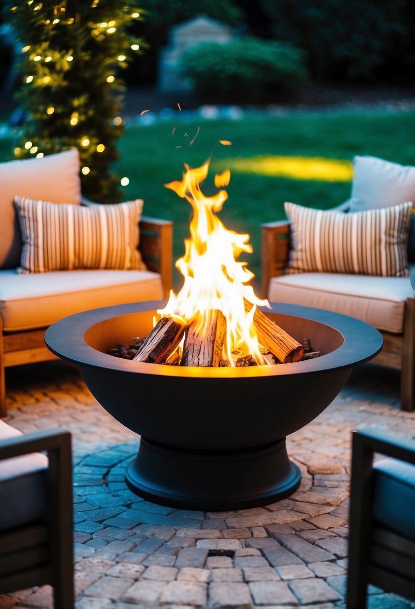 A crackling fire pit surrounded by cozy seating, with warm, inviting glow illuminating the surrounding area