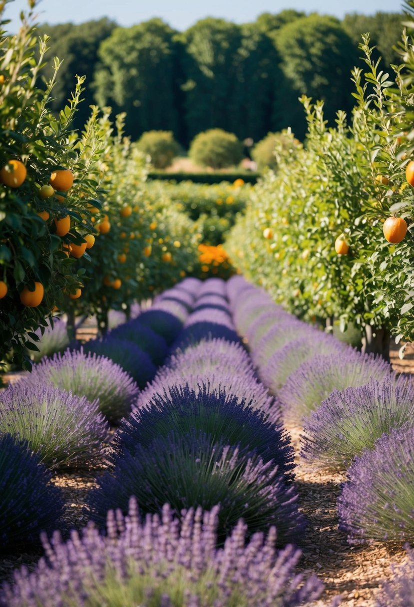 Lavender fields surrounded by rows of fruit trees in a garden