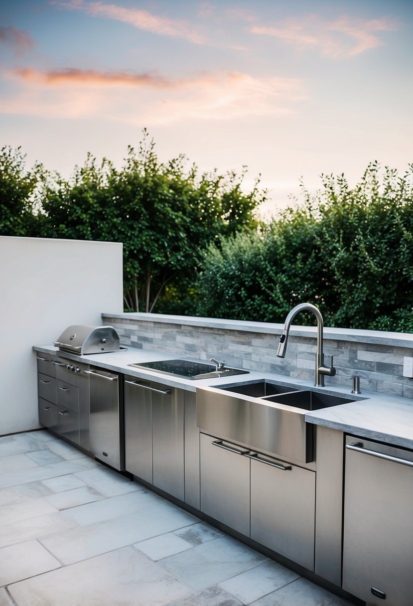 A sleek outdoor kitchen with stone countertops, stainless steel appliances, and minimalist design