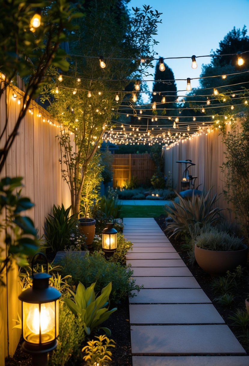 A backyard garden with various types of lighting, including string lights, lanterns, and spotlights, illuminating the plants and pathways