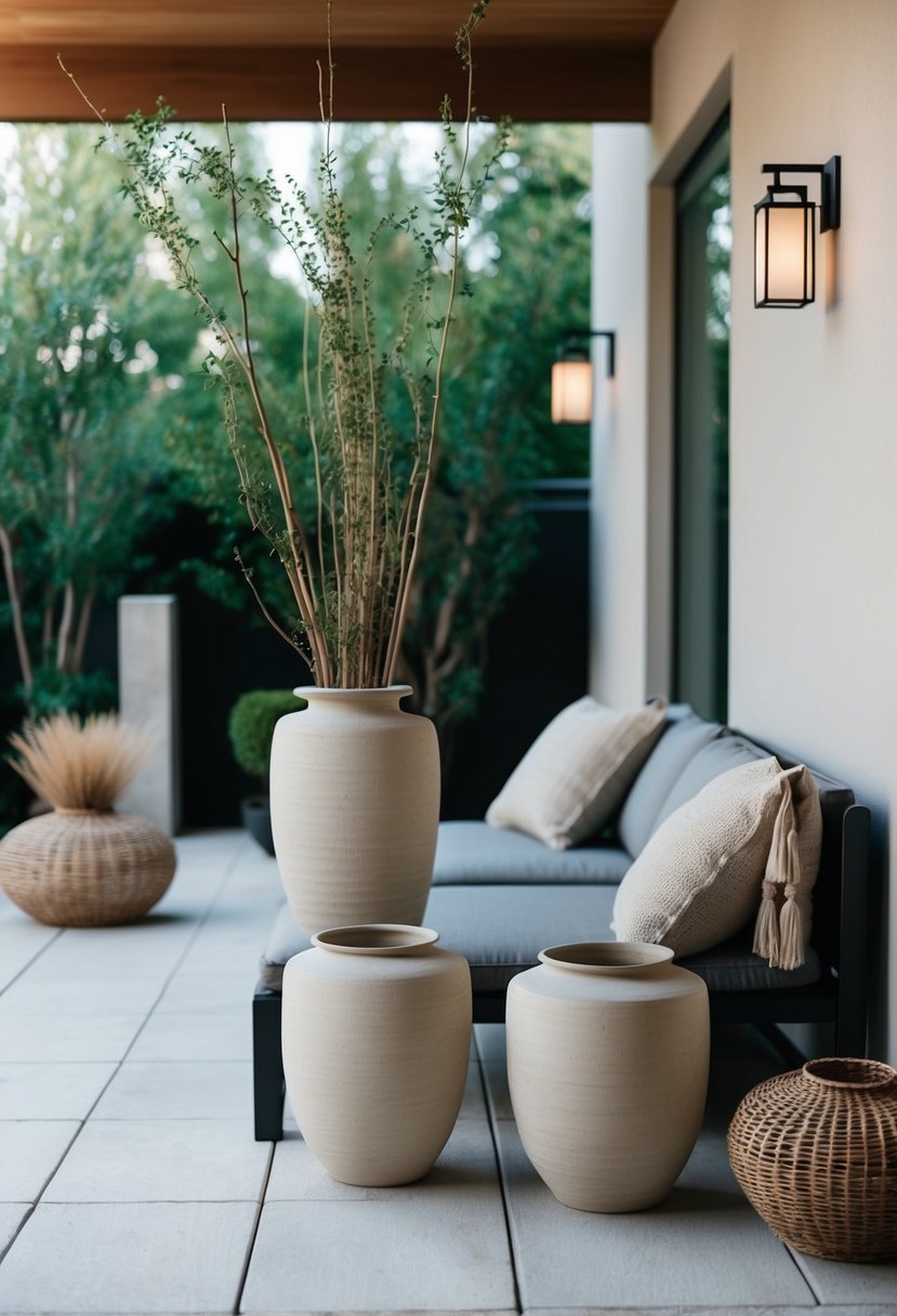 A serene patio adorned with wabi-sabi ceramic vases, surrounded by minimalist Japandi decor and natural elements