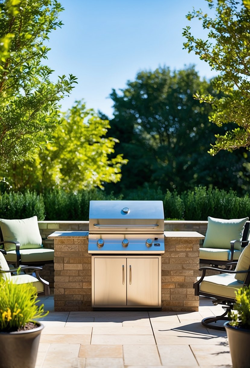 A spacious patio with a built-in BBQ grill, surrounded by comfortable outdoor seating and lush greenery