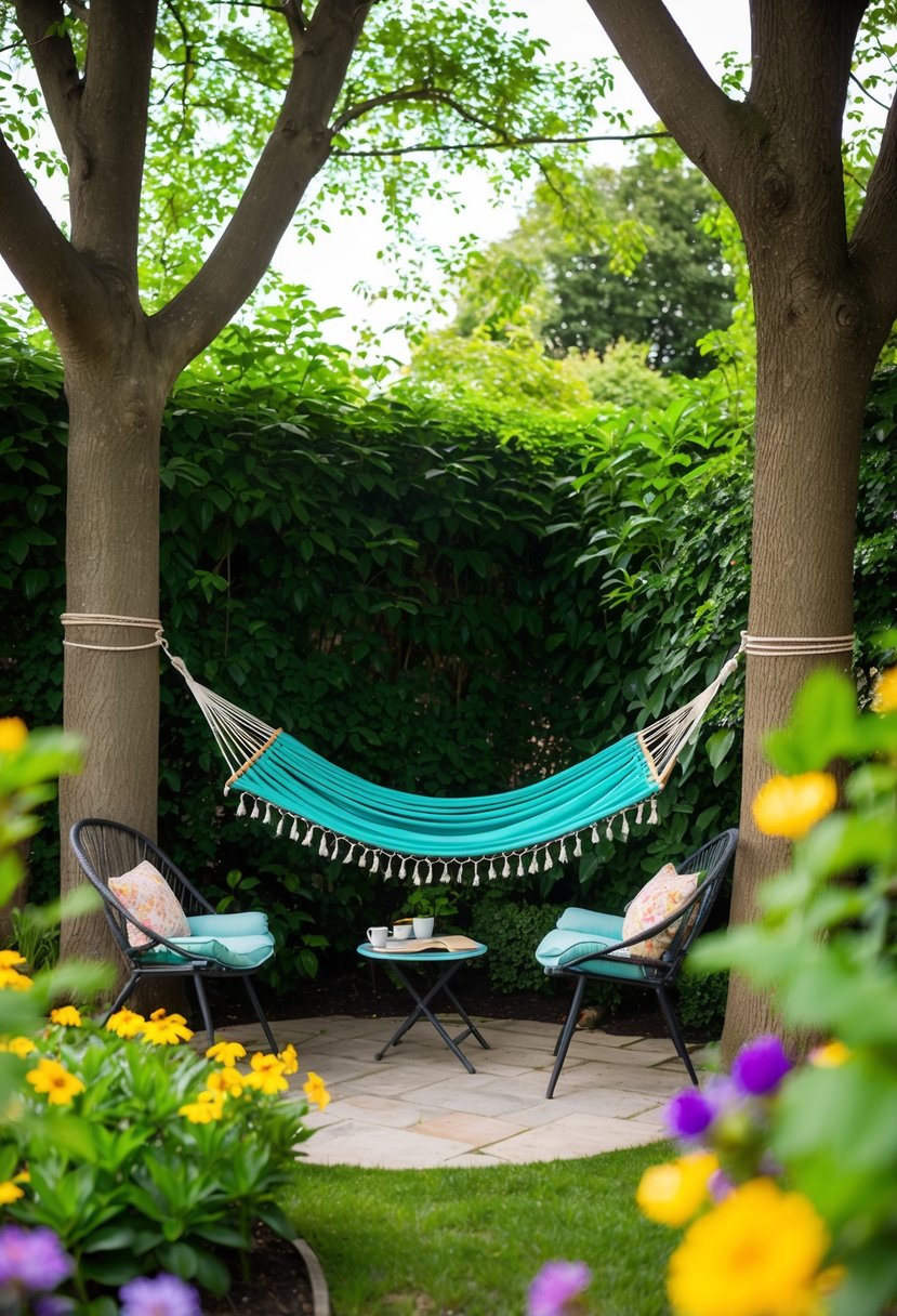 A cozy garden nook with a hammock strung between two trees, surrounded by lush greenery and colorful flowers. A small table and chairs sit nearby, inviting relaxation and enjoyment of the peaceful setting