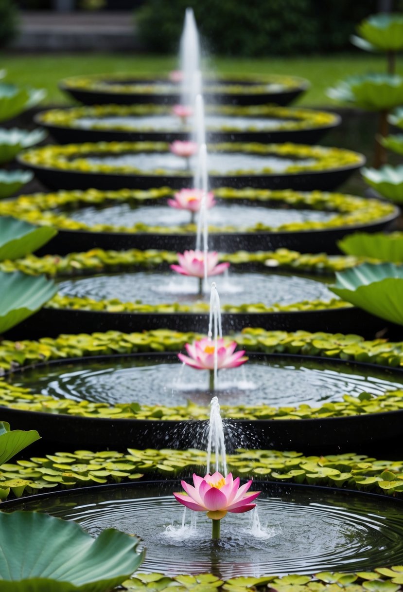A tranquil garden with 32 ponds, each adorned with a lotus mist fountain, creating a serene and peaceful atmosphere