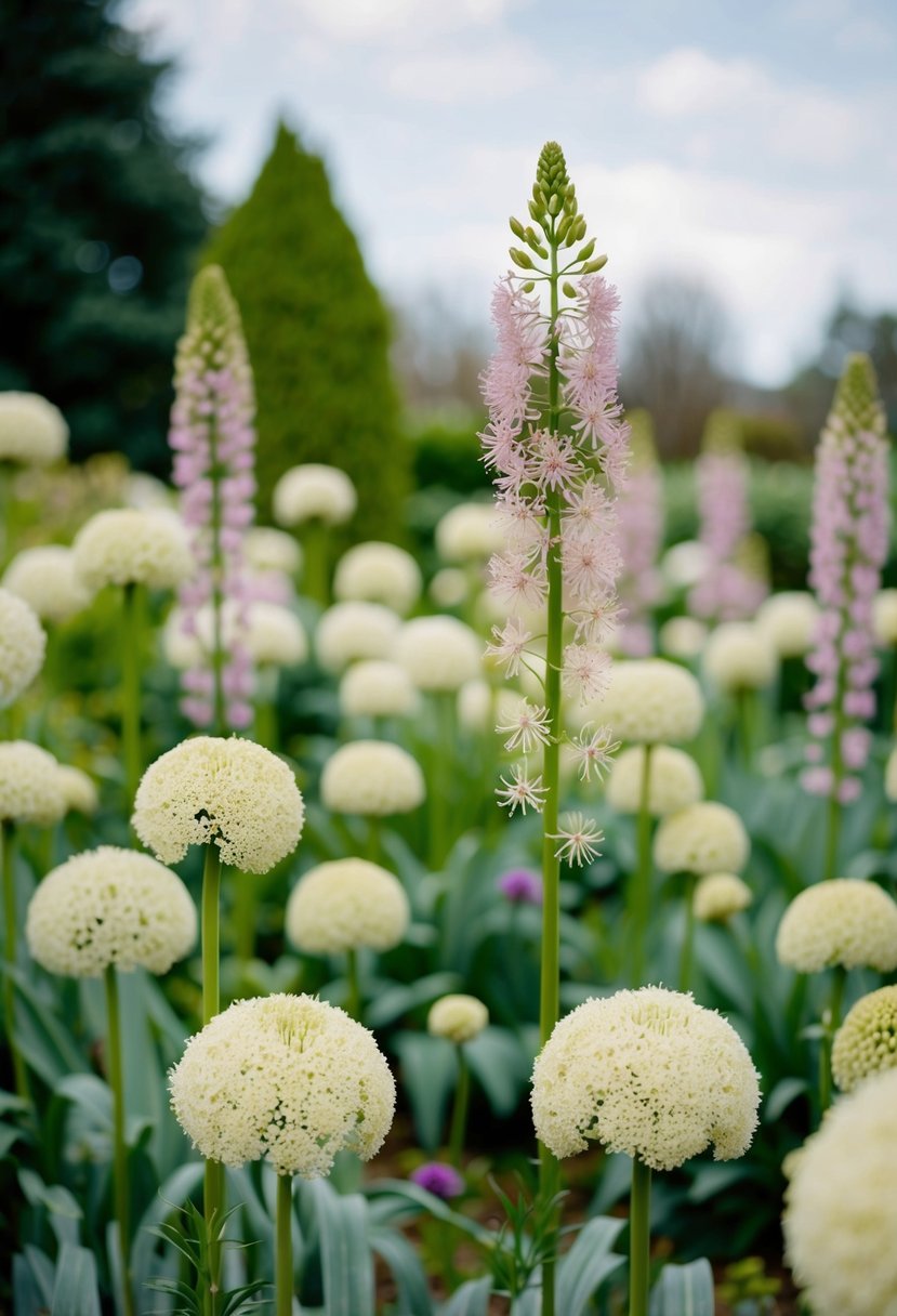 A serene garden filled with ivory-colored flowers and tall alliums in bloom