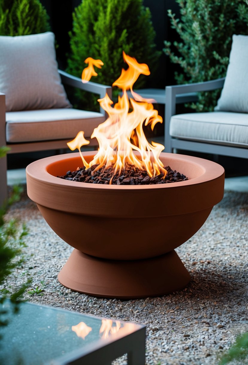 A terracotta fire pit sits in a modern outdoor setting, surrounded by sleek furniture and lush greenery. Flames dance within the pit, casting a warm glow on the surrounding area
