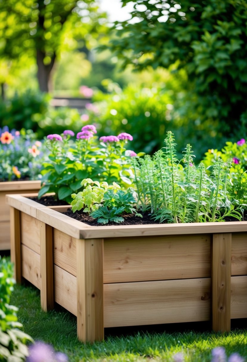 A wooden planter filled with raised garden beds, surrounded by lush greenery and blooming flowers