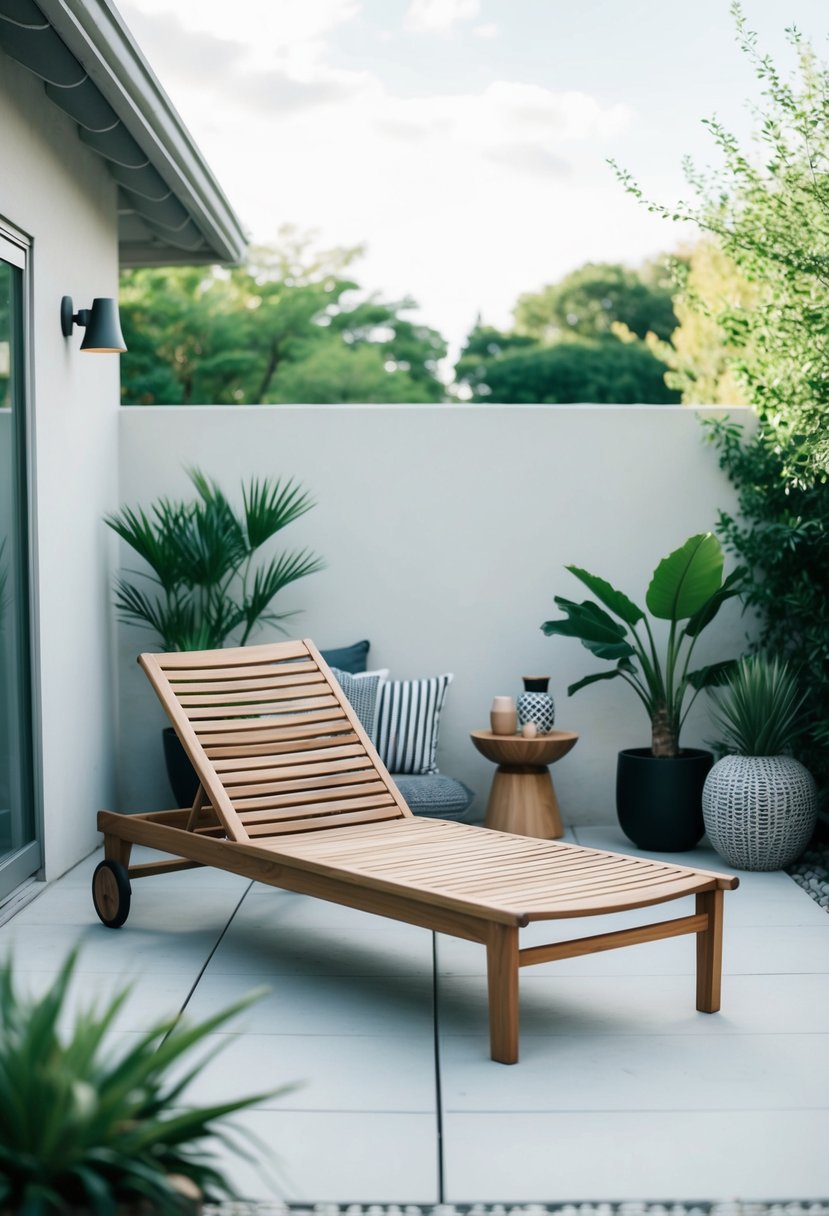 A teak sun lounger sits on a minimalist patio surrounded by Japandi-inspired decor and greenery