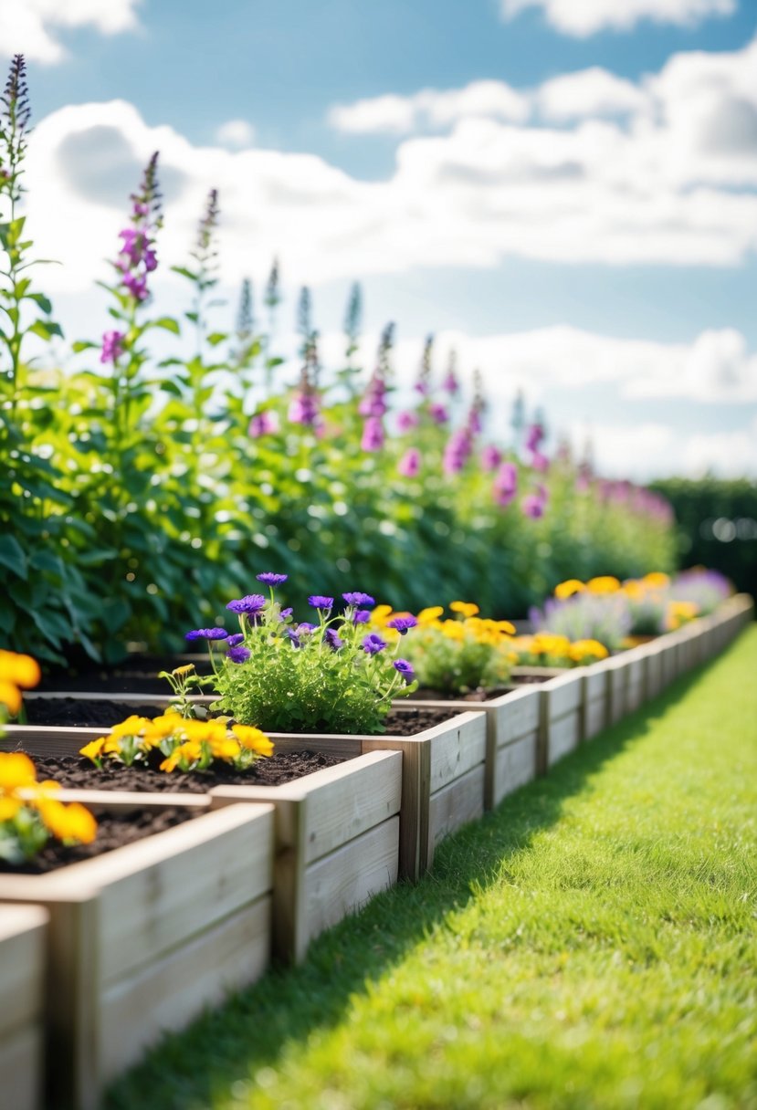 A row of raised flowerbeds, neatly folded and arranged in a garden setting
