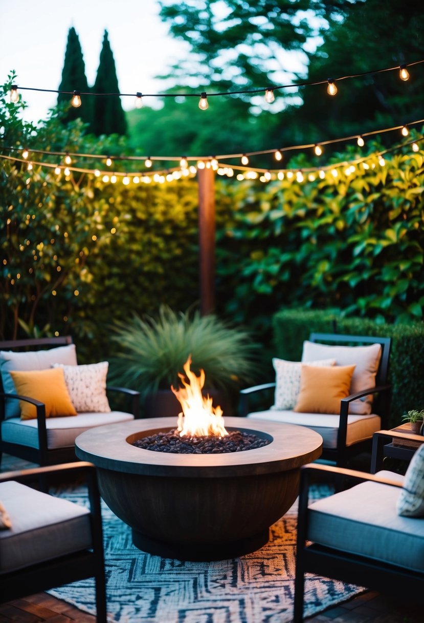 A cozy backyard with a rustic fire pit table surrounded by comfortable seating, set against a backdrop of lush greenery and twinkling string lights