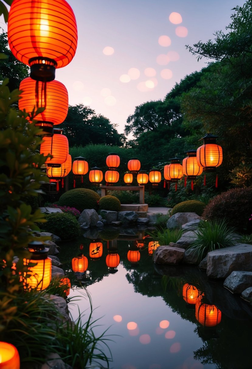 Japanese lanterns casting warm glow around serene garden pond