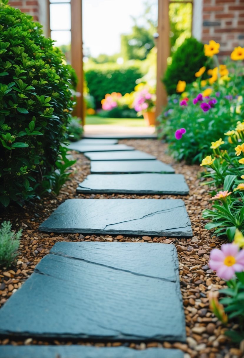 A winding path of slate stepping stones leads to a garden entrance, surrounded by lush greenery and colorful flowers