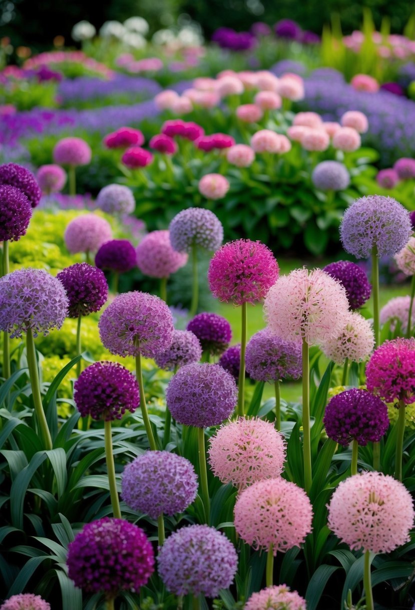 A lush garden filled with vibrant allium flowers in various shades of purple and pink, creating a beautiful and colorful display