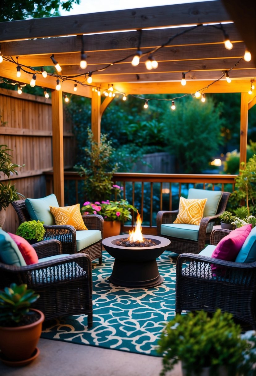 A cozy patio with string lights, potted plants, and colorful cushions on wicker furniture. A small fire pit and a wooden pergola complete the inviting outdoor space